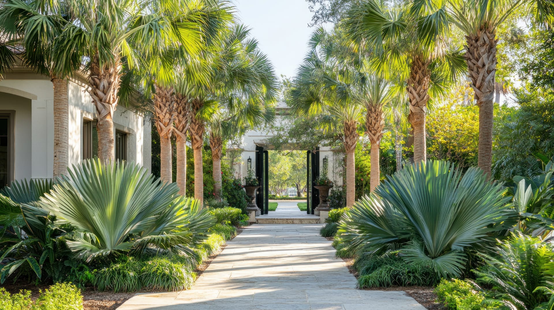 A beautiful path in the backyard of a California home lined with tropical plants and palms.